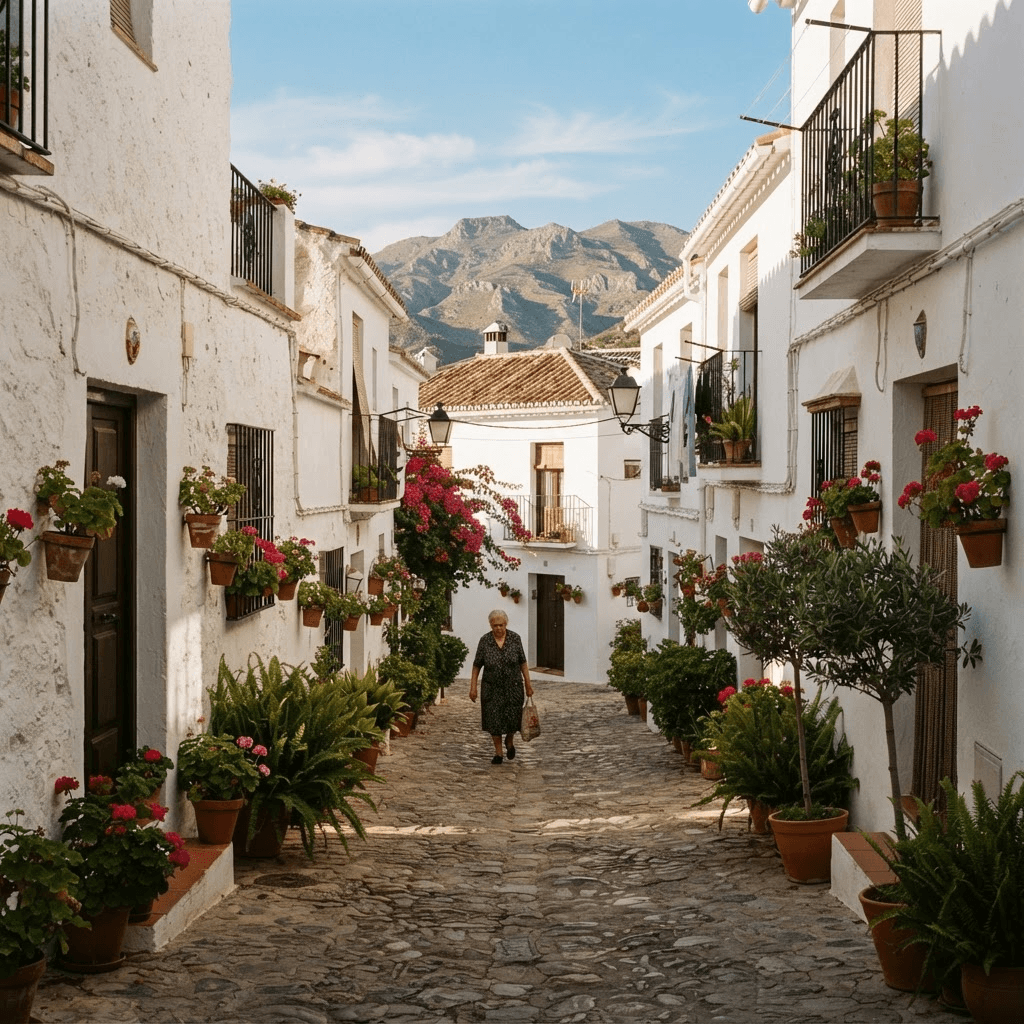 A sunlit white village lane in Andalucía